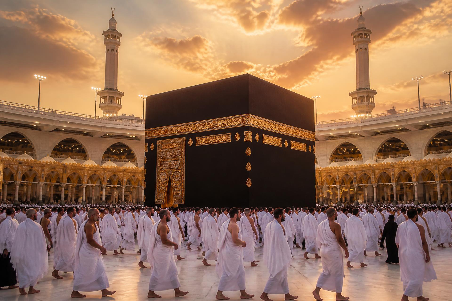 The Kaaba in Masjid al-Haram at golden hour with pilgrims performing Tawaf
